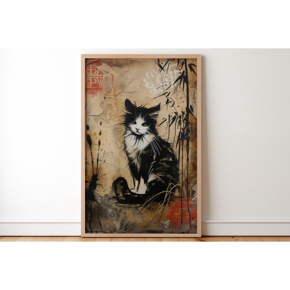 Graffiti Cat Wall Art Japanese Inspired Feline Urban Street Style Animal Print Modern Cat Unique Artistic Gift For Dad, Unframed Paper Print