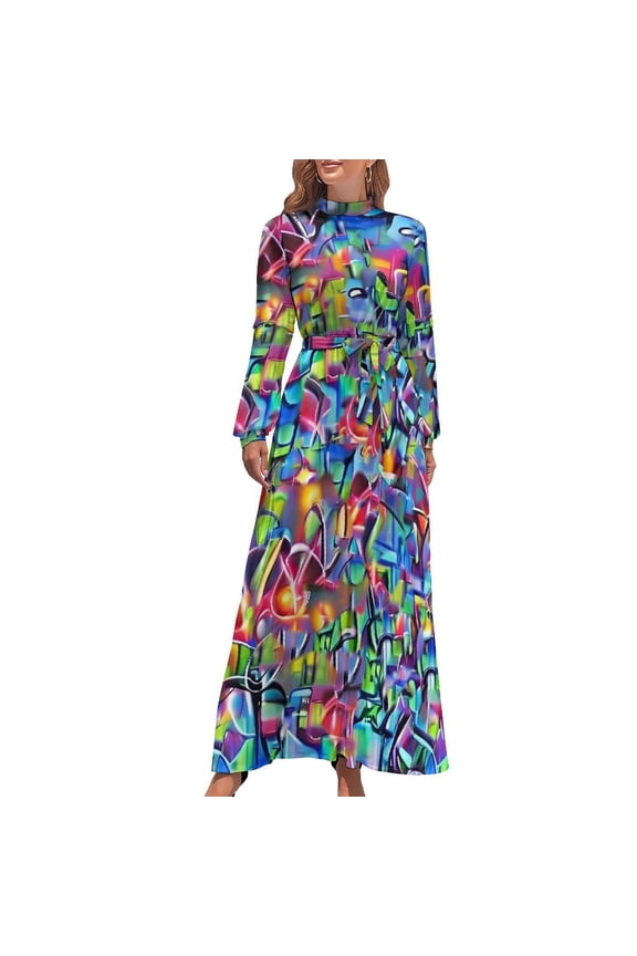 Graffiti Chaos Dress Colorful Print Party Maxi Dress Streetwear Boho Beach Long Dresses High Neck Custom Clothing