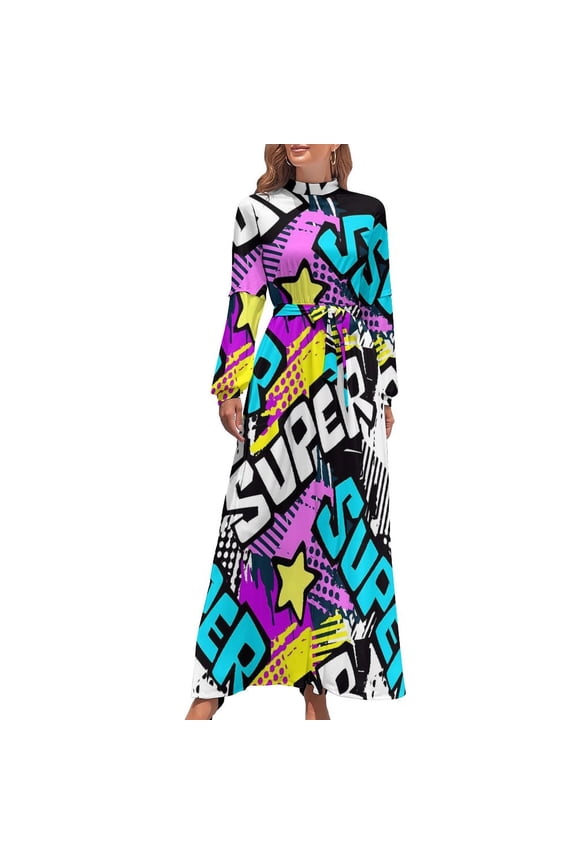 Graffiti Chaos Dress Colorful Print Party Maxi Dress Streetwear Boho Beach Long Dresses High Neck Custom Clothing