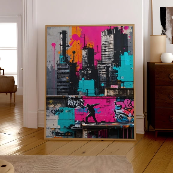 Graffiti Cityscape Wall Art Print, Urban Street Art For Modern Home Decor Home Decor #2612, Unframed Canvas Size 16x24