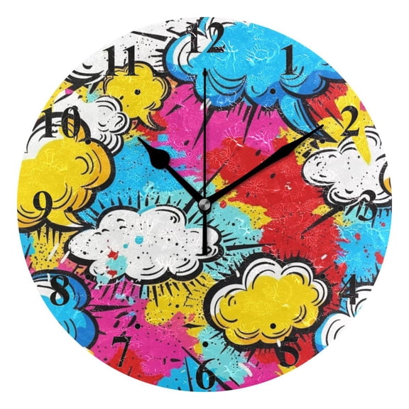 Graffiti Clouds Black 10 inch Wall Clocks Non Ticking Easy to Read Battery Decorative for Home Bathroom Kitchen Bedroom Living Room