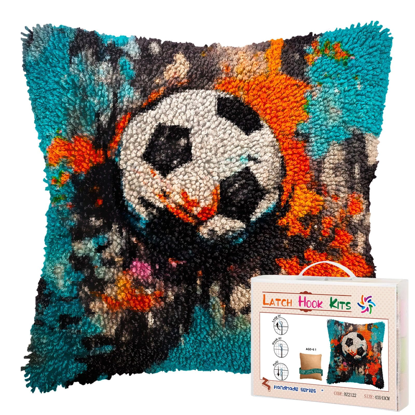 Graffiti Colorful Soccer DIY Latch Hook Pillow Kits for Adults Printed Pillowcase Crochet Yarns Hooking Handmade Pillow Cover Cushion for Home Sofa Decoration 17x17inch
