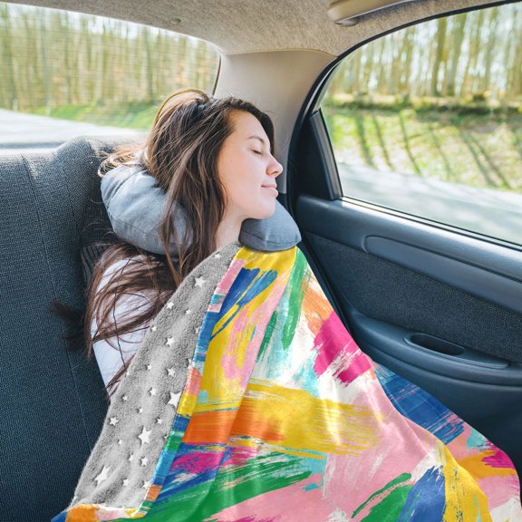 Graffiti Colorful Travel Blanket Pillow Compact Foldable Airplane Throw Blanket with Trolley Sleeve for Travel Camping