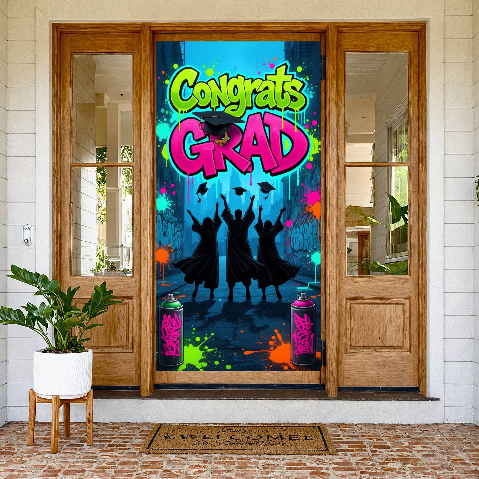 Graffiti Congrats Grad Banner Neon Color Grad Event Backdrop Dripping ...