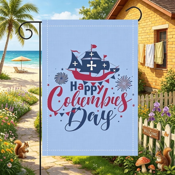 Graffiti Cursive Anchor Sailboat Columbus Wording Garden Flag, 12x18 inch, Double Sided 2D Printed, Lawn Patio & Mailbox Outdoor Decor, No Flagpole