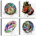 thumbnail image 1 of Graffiti Decor Sports Wall Art for Boys Room Decor Basketball Boxing Football Soccer Canvas Posters Pictures Boy Bedroom Décor Watercolor Sports Paintings Playroom Artwork Home Decorations 14x14x4Pcs, 1 of 6