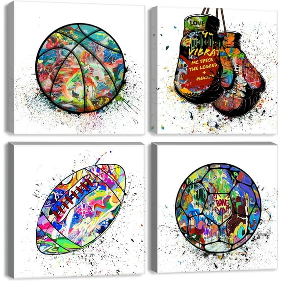 Graffiti Decor Sports Wall Art for Boys Room Decor Basketball Boxing Football Soccer Canvas Posters Pictures Boy Bedroom Décor Watercolor Sports Paintings Playroom Artwork Home Decorations 14x14x4Pcs