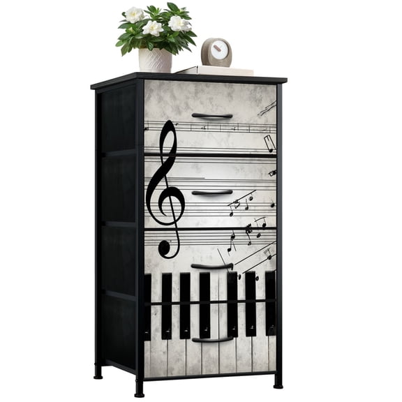 Graffiti Dresser for Bedroom with 4 Storage Drawers Vintage Music Piano Keys Treble Clef Floating Musical Dressers Chest of Drawers Steel Framed Fabric Closet Organizers for Boys Dorm Entryway
