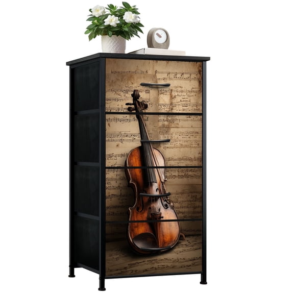 Graffiti Dresser for Bedroom with 4 Storage Drawers Vintage Violin Sheet Music Dressers Chest of Drawers Steel Framed Fabric Closet Organizers for Boys Dorm Entryway