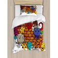 thumbnail image 1 of Graffiti Duvet Cover Set Twin Size, Cute Cartoon Animals Stars Fish Skulls Cat Bird Figures on Brick Wall Kids Design, Decorative 2 Piece Bedding Set with 1 Pillow Sham, Multicolor, by Ambesonne, 1 of 3
