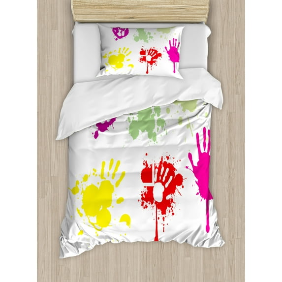 Graffiti Duvet Cover Set Twin Size, Street Wall Hand Prints Splashing Circles Teenagers Spray Color Artwork Image, Decorative 2 Piece Bedding Set with 1 Pillow Sham, Multicolor, by Ambesonne