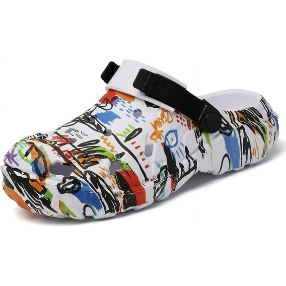 Graffiti EVA Clogs for Men – Trendy Lightweight Garden Slippers with Adjustable Strap, Breathable Slip On Water Shoes, Anti-Slip Casual Sandals for Urban & Outdoor Use