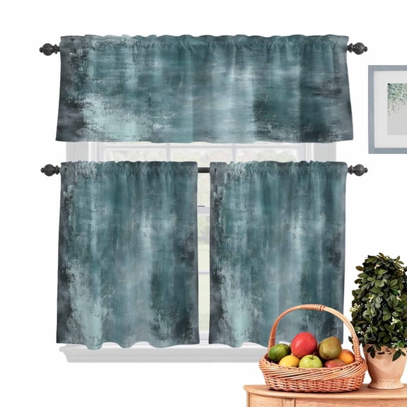 Graffiti Effects Modern Art Kitchen Curtains Valances 3 Piece Set, Teal Watercolor Rod Pocket Tier Curtain and Valance Drapes for Small Window 24 Inch Length for Bedroom Cafe