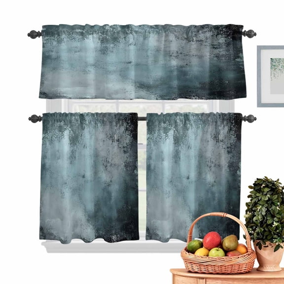 Graffiti Effects Modern Art Kitchen Curtains Valances 3 Piece Set, Vintage Teal Watercolor Rod Pocket Tier Curtain and Valance Drapes for Small Window 24 Inch Length for Bedroom Cafe