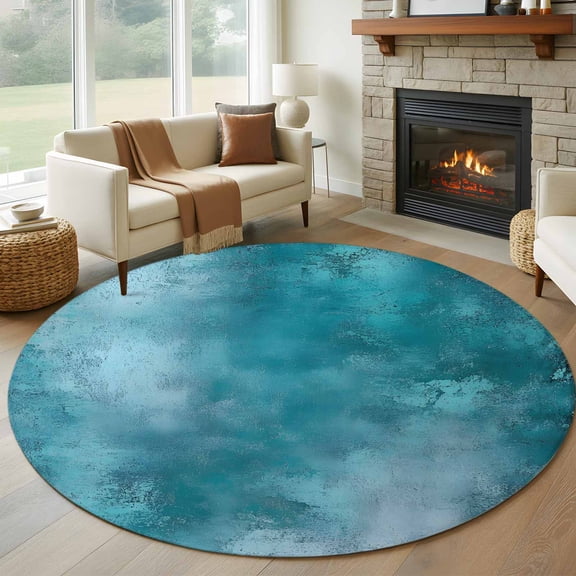 Graffiti Effects Modern Art Round Rugs for Living Room 6ft Retro Turquoise Watercolor Non Slip Circle Rug Washable Low-Profile Indoor Carpet for Bedroom, Dining Room, Bathroom