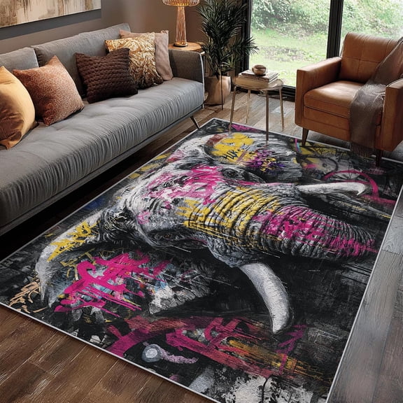 Graffiti Elephant Area Rug, Urban Art Design Carpet, Washable Non Slip Soft Low Pile, Living Room Bedroom Kitchen Office Mat 5x8ft