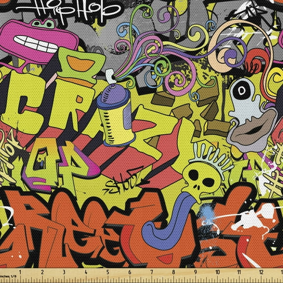 Ambesonne Graffiti Fabric by the Yard Upholstery, Hip Hop Culture Design, 1 Yard, Multicolor
