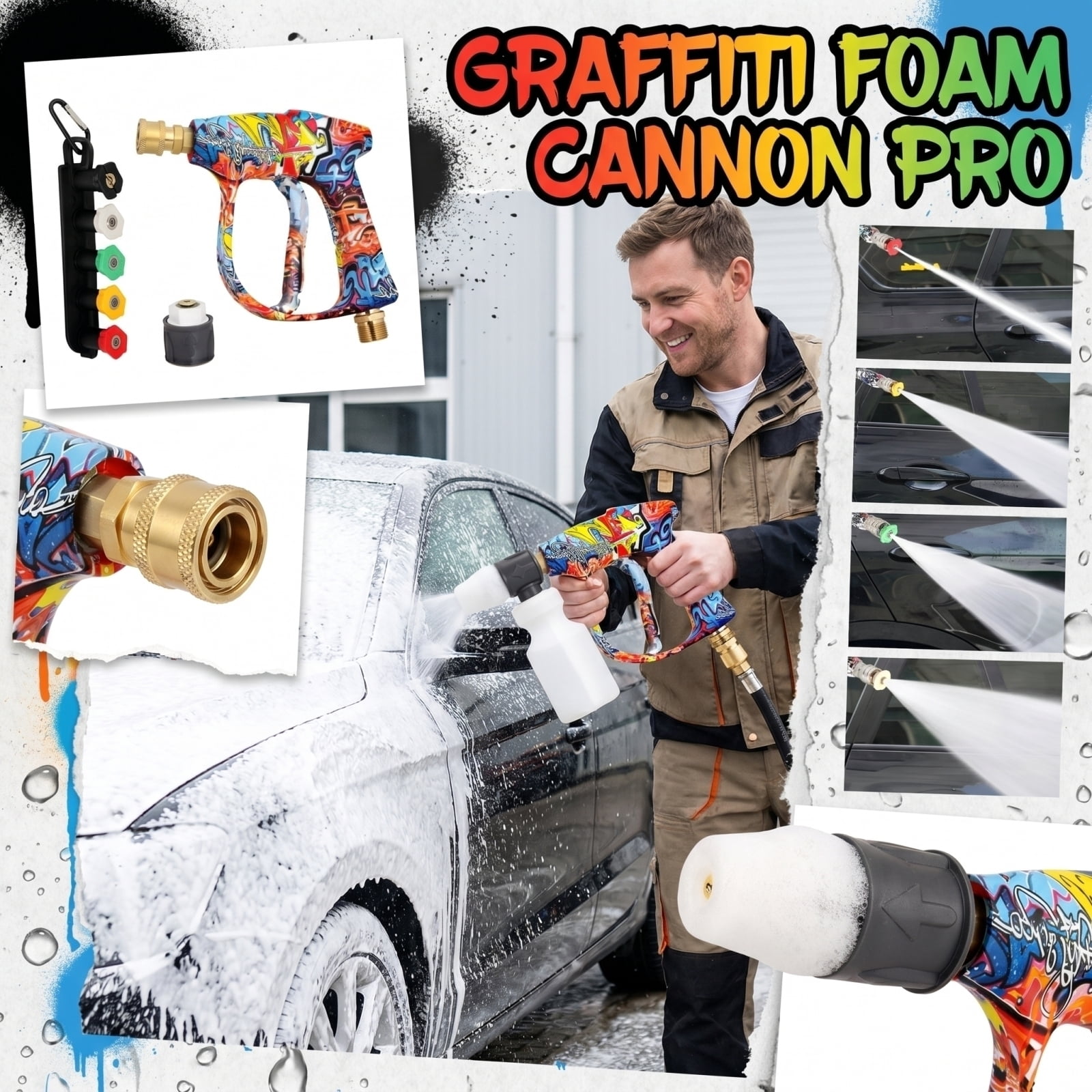 Graffiti Foam Cannon Pro: 6.69" Quick-Connect Adjustable Snow Foam Spray Gun with 5-Nozzle Kit for High-Pressure Car Wash A