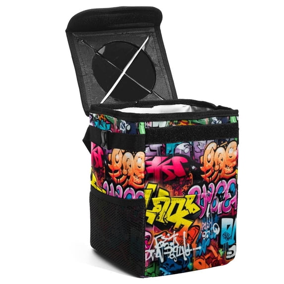 Graffiti Foldable Car Trash Can with Lid, Leak-Proof Mini Trash Can, Car Trash Bin, Trash Can for Car with Hanging Storage Bag