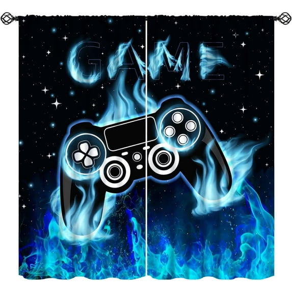 Graffiti Game Curtains, Blue Flame Game Controller Colorful Cool Game Print Window Curtains Treatments for Kids Boys Teens Playroom Bedroom, 84" W X 84" L