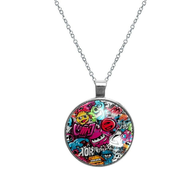 Graffiti Glass Circular Pendant Necklace - Elegant Jewelry for Women ...