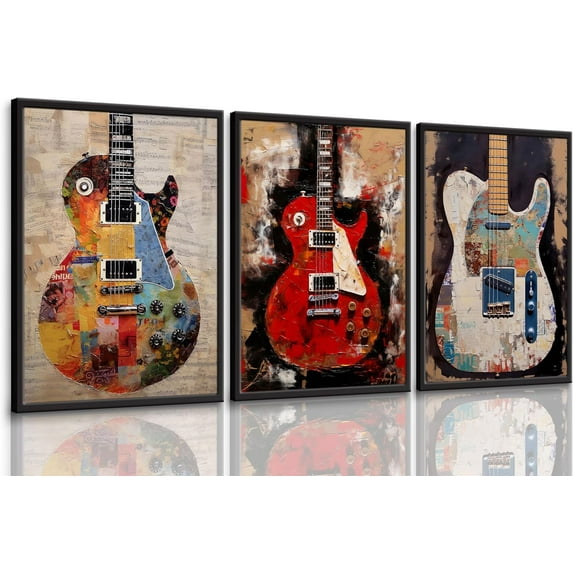 Graffiti Guitar Canvas Wall Art Musical Themed Wall Decor Colorful Music Instrument Posters Pictures Studio Prints Vintage Rock Paintings