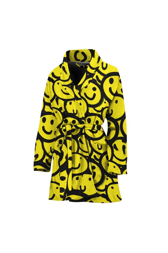 Graffiti Happy Emoji Pattern Women Bathrobe One Size Univeral Fits, Graffiti Art Style Fashion Lightweight Plush Fleece Long Robe For Women