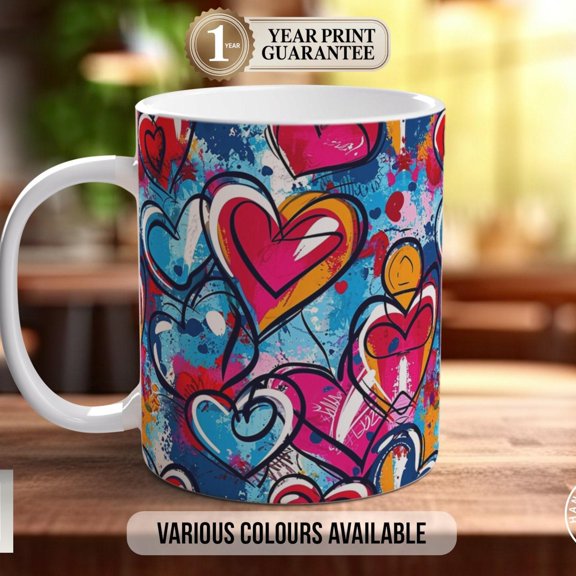 Graffiti Hearts Pattern Full Wrap Coloured Art Mug - Design 11