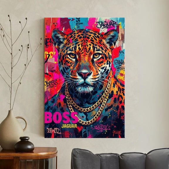 Graffiti Jaguar Urban Street Style Neon Animal Pop Art Big Cat With Gold Chain Modern Grunge Man Cave Wall Art Print