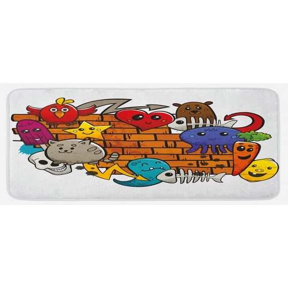 Graffiti Kitchen Mat, Cartoon Animals Stars Fish Skulls Cat Bird on Brick Wall Design, Plush Decorative Kitchen Mat with Non Slip Backing, 47" X 19", Multicolor, by Ambesonne