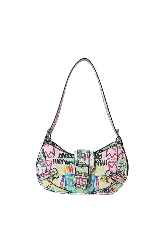 Graffiti Letter Print Dumpling Underarm Shoulder Crossbody Handheld Bag PU Internet Famous Korean Trendy Women Bag Instagram Fashion Bag in Black for Daily Outfits