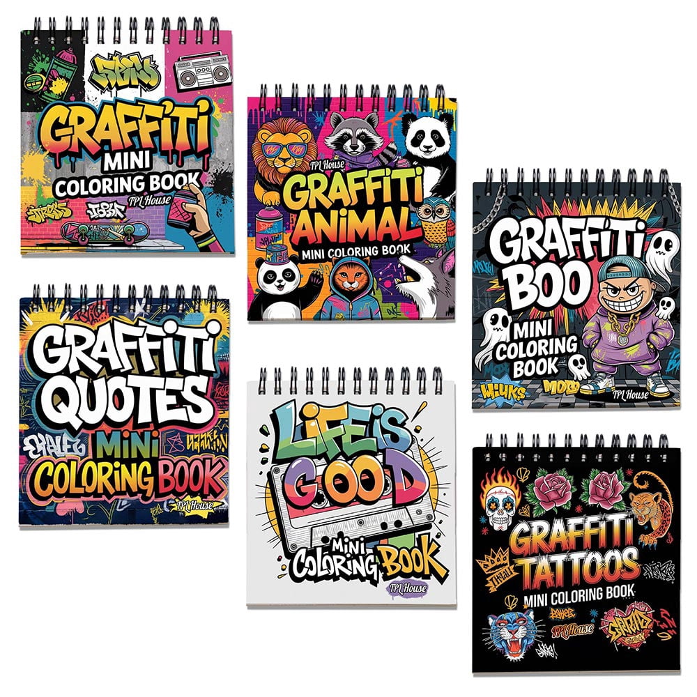 Graffiti Mini Coloring Book Spiral Bound for Adult, Pack 6, 3.5” x 3.5” Pocket Size, 40 Coloring Pages Stress & Anxiety Relief, Travel for Women Men