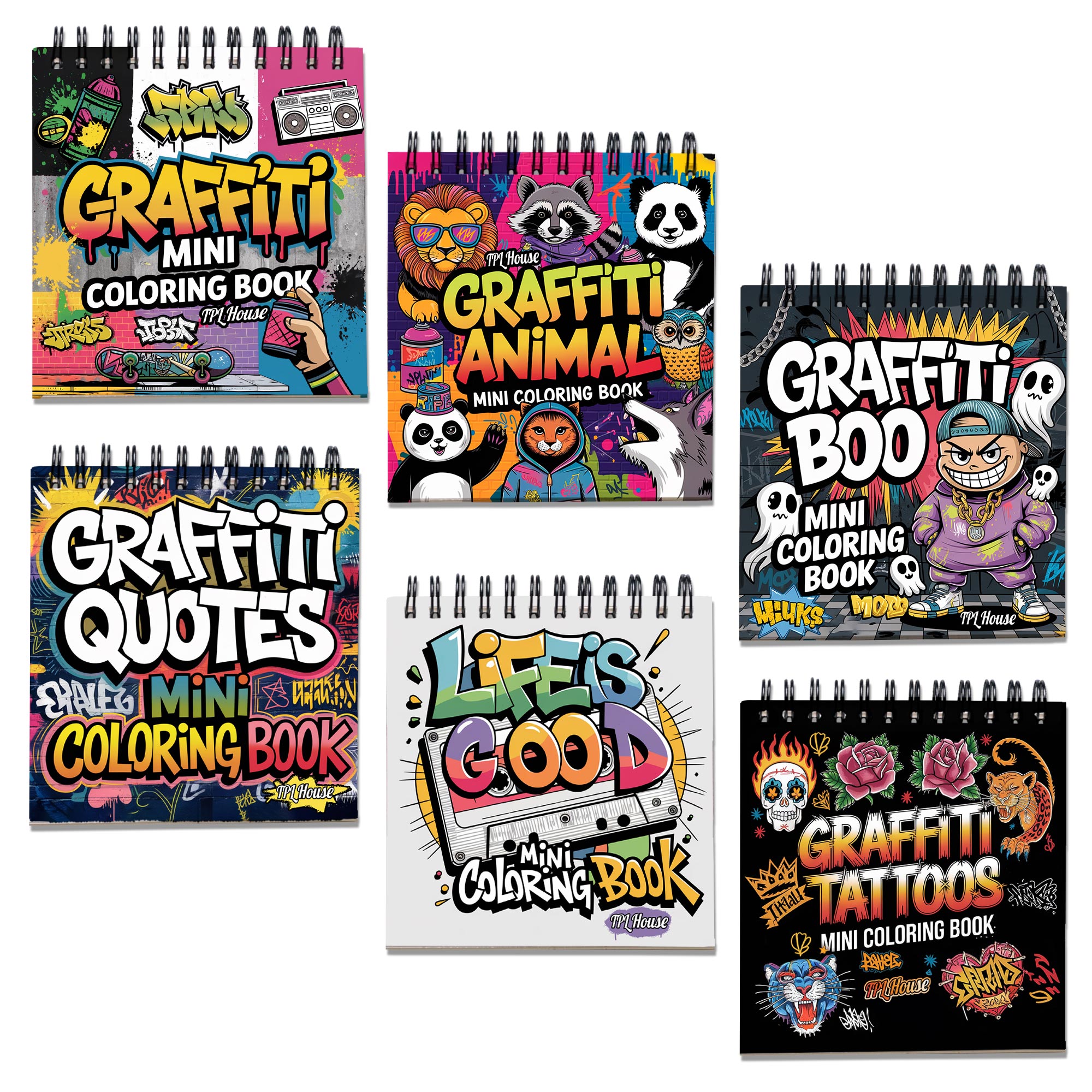 Graffiti Mini Coloring Book Spiral Bound for Adult, Pack 6, 3.5” x 3.5” Pocket Size, 40 Coloring Pages Stress & Anxiety Relief, Travel for Women Men
