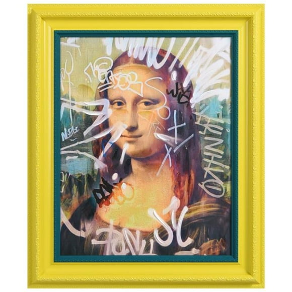 "Graffiti Mona Lisa" Chromatic Hand Painted Embellished Giclee Portrait Canvas Wall Art with Baroque Two-Tone Frame