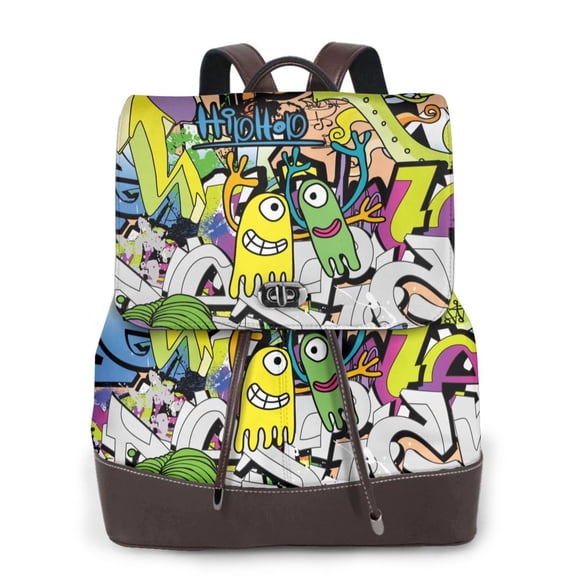 Graffiti Monster Print Leather Backpack for Women - Colorful Urban Street Art Style Travel Bag