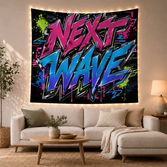 Graffiti "NEXT WAVE" Lettering Against a Black Background, Energetic Digital Art for Music Fans, Urban Street Art Decor Birthday Gift Tapestry Wall Hanging for Bedroom and Gaming Room