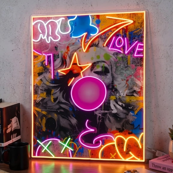 Graffiti Neon Wall Decor LED Lights Street Art LOVE Neon Sign Frame Aesthetic Room Decoration Suitable for Bedrooms, Game Rooms, Bars, and Exclusive Spaces Modern Acrylic Light Painting Decoration