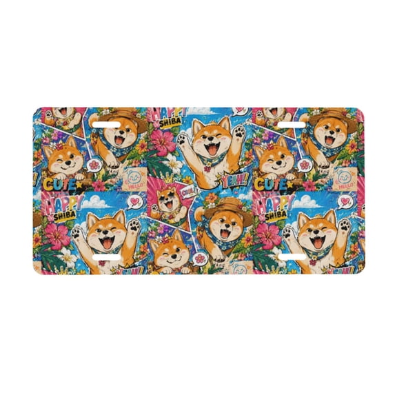 Graffiti Orange Shiba Inu Floral Hibiscus License Plate, Car Front License Plates With 4 Holes, Metal Car Plate,Aluminum Novelty License Plate, 6 * 12 Inches