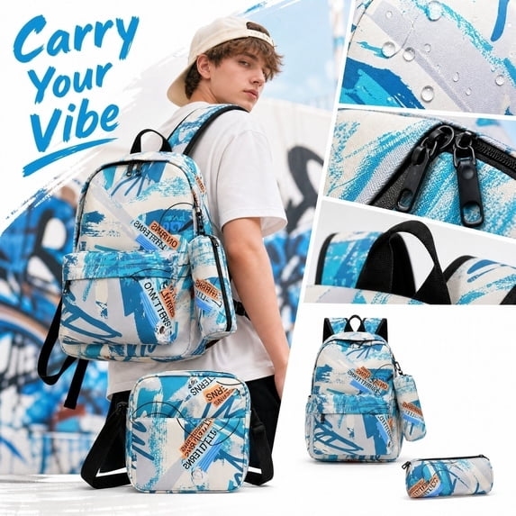 Graffiti Pattern Waterproof Student Backpack Set, 3 Pieces Bookbag with Shoulder Bag and Pencil Case, Fashion Daypack for Teenagers School, Travel & Outdoor Activities