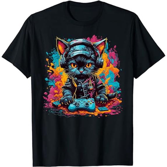 Graffiti Pawfection: Urban Kitten Gamer Headphone Black Cats T-Shirt