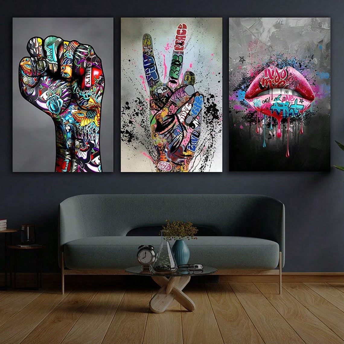 Graffiti Peace Fist Lips Modern Pop Art Wall Poster Home Decor Office ...
