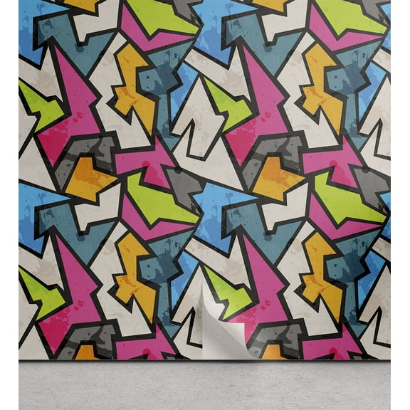 Graffiti Peel & Stick Wallpaper, Street Art Grungy Watercolor Stained Colorful Abstract Triangular Drawings Pattern, Self-Adhesive Living Room Kitchen Accent, 3 Sizes, Multicolor, by Ambesonne