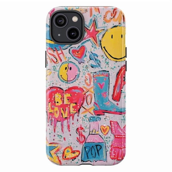 Graffiti Pop Art Phone Case, Colorful Y2K Street Style Doodle Protective Cover, Retro Smiley and Heart Design for iPhone 17 16 15 14 13 12 11 Plus Pro Max Mini