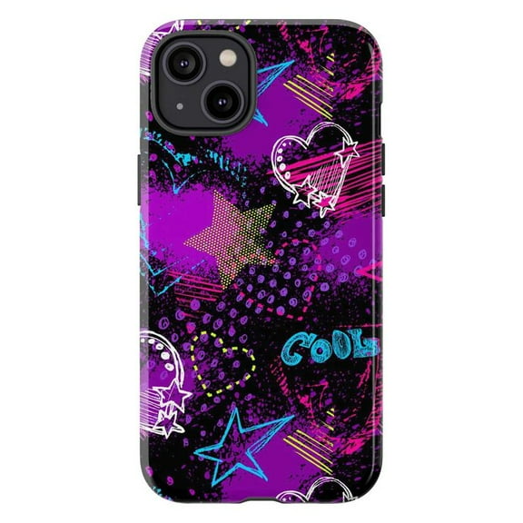 Graffiti Pop Art Phone Case, Purple Neon Star and Heart Design iPhone Cover, Cool Retro Artistic Protective Case for iPhone 17 16 15 14 13 12 11 Pro Plus Mini