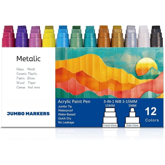 Graffiti Poster Markers Set: 12 Metallic Colors Large 15mm Wide Tip Permanent Ink Thick Pens for Rock Painting, Stone, Glass, , Ceramic, , , Fabric