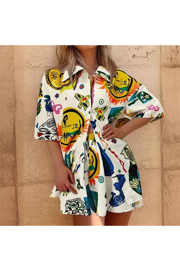 Graffiti Print Cardigan Shirt and Shorts Two-Piece Casual Suit for Women