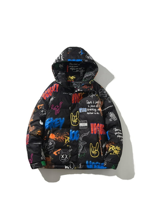 Graffiti Printed Out Down Cotton Jacket Hooded Quilted Jacket for Men Winter