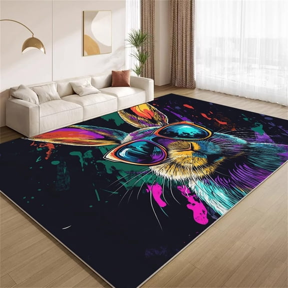 Graffiti Rabbit Area Rugs, Paint Splatter Bunny Pattern Carpet, Washable Non Slip Low Pile Soft Rug for Living Room Bedroom Decor Mat 5ftx8ft
