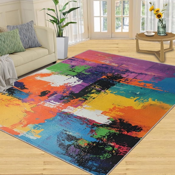 Graffiti Rug for Bedroom, Hippie Colorful Patterned Living Room Area Rug, Graffiti Room Decor, Washable Soft Thin Carpet with Non Slip Backing-3' x 4'