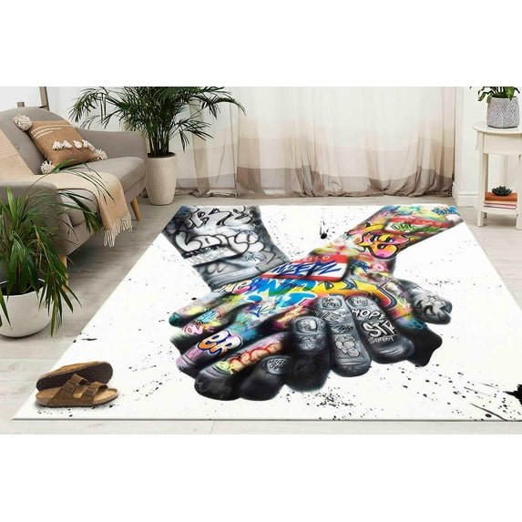 Graffiti Rug, Lover Hands Graffiti Rugs, Thick Rugs, Couple Holding Hands Graffiti Painting Rugs, Street Graffiti Rugs, Small Rugs, 2.3'x3.3' - 70x110 cm